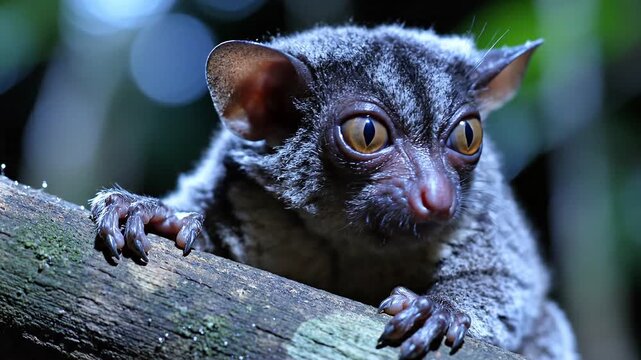 Adorable Lesser Galago Bush Baby Resting on a Tree Branch in the Dark Forest