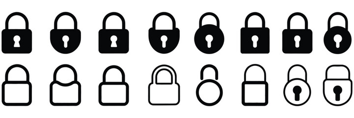 Locks icons set, including locked and unlocked padlock symbols, vector illustrations for privacy, security, safety, data protection, access control, digital design, and stock graphic projects.