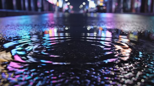 City Lights Reflection in Rain Puddle at Night - A Mesmerizing Urban Scene.