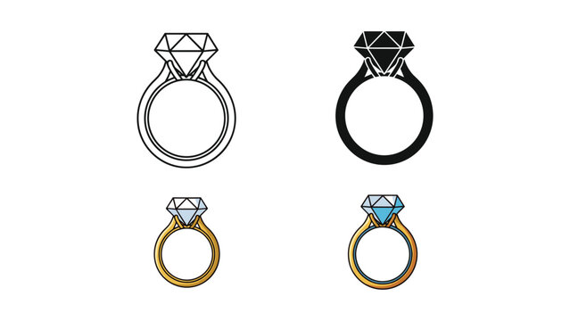 Diamond engagement ring icon set in four styles: outline, silhouette, gold, and colorful