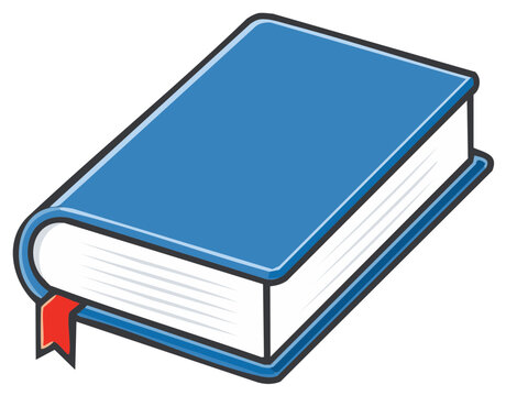 Closed blue hardcover book with a red bookmark vector icon illustration