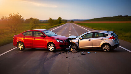 Obraz premium Red and silver cars crashed on a rural road accident scene