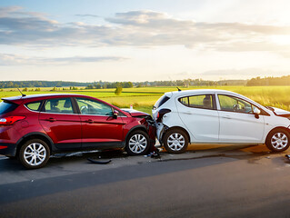 Fototapeta premium Red and white cars crashed into each other on road