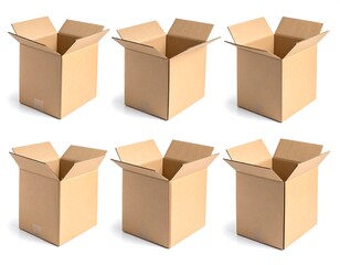 Six open, empty, brown cardboard boxes arranged in two rows on a white background