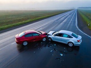 Fototapeta premium Two cars crashed on a road with broken glass scattered around