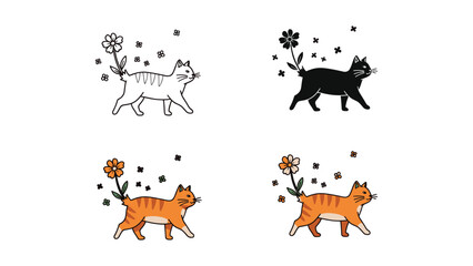 Obraz premium Cute cartoon cat walking with flowers and speech bubbles, illustration in four styles: line art, silhouette, colored, and outline.