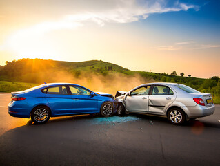 Naklejka premium Two cars crashed on road with damaged front sides accident scene
