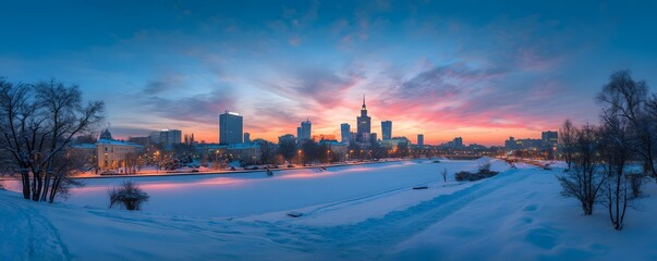 Fototapeta premium Snowy dawn in a quiet capital city, glowing skyline, tranquil winter atmosphere