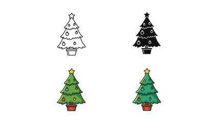 Obraz premium Festive Christmas tree icons in outline, silhouette, and colored styles, decorated with ornaments.