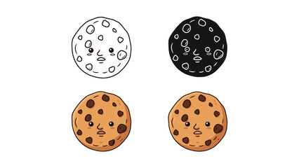 Fototapeta premium Adorable cartoon cookie icons with happy faces, in outline, silhouette, and colorful designs.