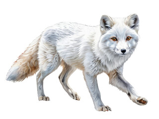 Naklejka premium A close-up view of a white fox sitting on a white background, showcasing its fluffy fur and piercing eyes
