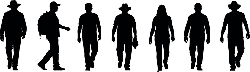Group of diverse people walking forward in black silhouette style including men and women wearing casual clothes hats and backpacks