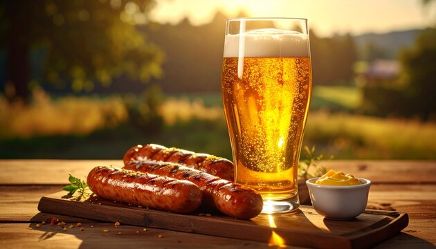 Wheat Beer & Grilled Sausages. Beer Shot Close Up