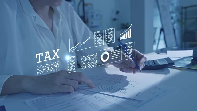 Digital tax filing Tax return financial planning analyzing  data revenue deductions filing income tax online payment mobile app computer technology. Business tax management economy 