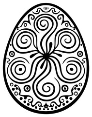 Ornamental black and white stylized design of an egg shape with intricate spirals and patterns.