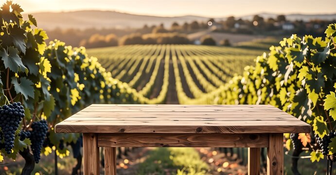 Wooden table in vineyard at golden hour with rows of grapevines