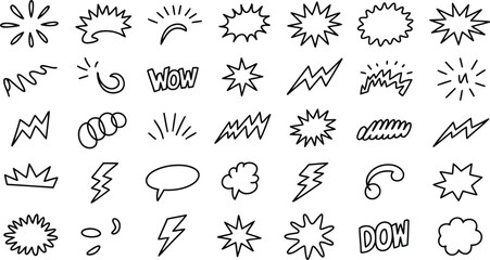 Hand Drawn Comic Book Elements Vector Set Pop Art Speech Bubbles Explosions and Lightning Bolts EPS © MD RAYHAN MOLLAH