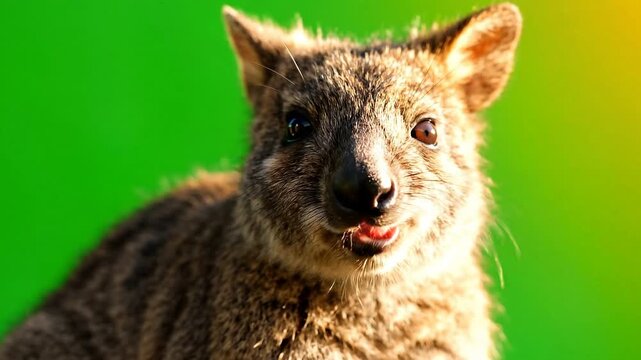 Close-up of a Friendly Quokka Marsupial Isolated on a Chroma Key Green Background