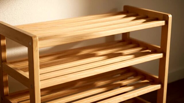 Empty Wooden Shoe Rack with Multiple Shelves in Warm Light.