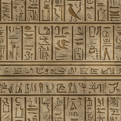 Ancient Egyptian hieroglyphics on stone wall. Includes various symbols and figures. Created in traditional style with beige and brown colors.