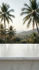 Fototapeta premium Marble countertop with tropical palm tree background