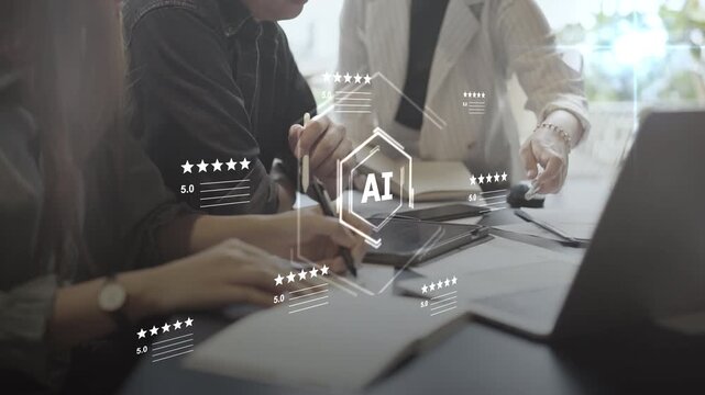 AI Digital marketing artificial intelligence and 5 stars rating review. Online customer feedback survey, service quality satisfaction, smart business strategy, and best ranking experience concept.