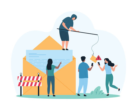 Phishing and fraud, cybercrime. Tiny hacker catching email and personal information on fish hook, barrier and red triangle warning sign with exclamation mark on letter cartoon vector illustration
