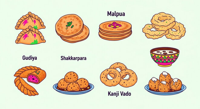 Traditional indian sweets and snacks gudiya malpua shakkarpara kanjivadu festival food