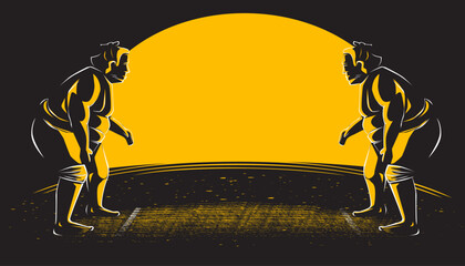 Two sumo wrestler cartoon character are ready for competition fighting design on abstract background.
