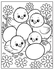 Cute chicks and Easter eggs coloring page baby bird © RABIUL
