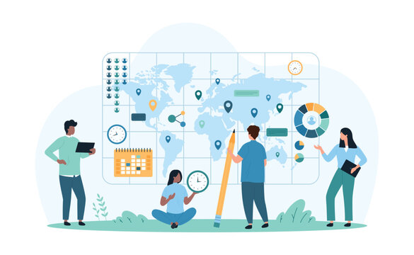 Sociology and demography, population data analysis. Tiny people with pencil research global location of social groups on world map, sociologists analyze statistics charts cartoon vector illustration