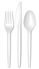 Simple white plastic cutlery set fork, knife, and spoon, aligned vertically, stark white