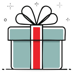 Stylized gift box icon with ribbon and bow, simple vector illustration for holiday or festive celebration design element.