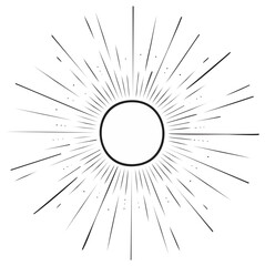 Black and white sunburst radiating lines and dots from a central circle abstract design