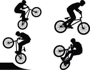 Fototapeta premium BMX biking silhouette illustration, stunt rider performing tricks, ramp jump action, extreme sport design, dynamic motion artwork, black and white