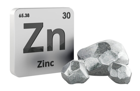 Zinc element symbol Zn with metal pieces. 3D rendering