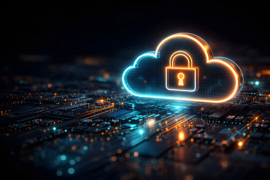 Glowing cloud with padlock over circuit board showing cloud computing security, encryption, and privacy protection