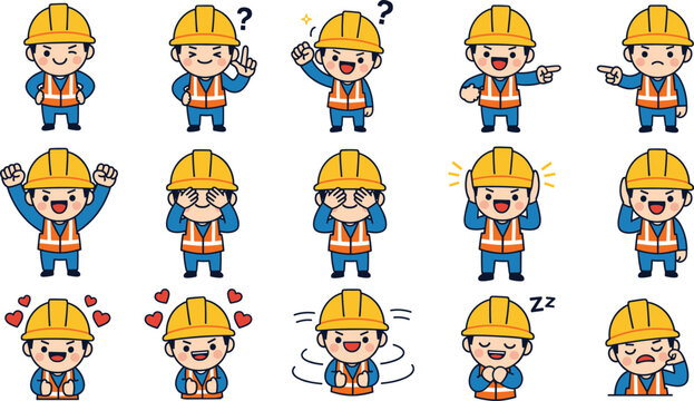 Cartoon construction worker character illustration set, emotional expressions, safety vest and hard hat design, communication gesture artwork, occupational icon