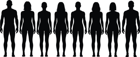 Silhouette illustration of nine human figures standing side by side, alternating male and female forms, vector artwork symbolizing anatomy, gender representation, and character design concepts