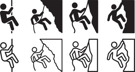 Silhouette bold outline rock climbing vector icon set. © MdShohidul