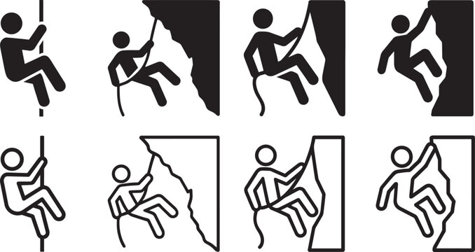 Silhouette bold outline rock climbing vector icon set.