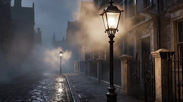 Cinematic 4k foggy street scene with vintage lampposts slow motion misty urban atmosphere video footage