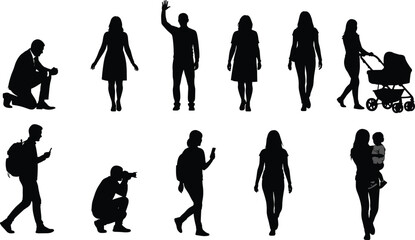 Fototapeta premium Human silhouette illustration, everyday activities poses, walking figures, stroller parent, photographer crouching, backpack traveler, waving gesture, black and white art