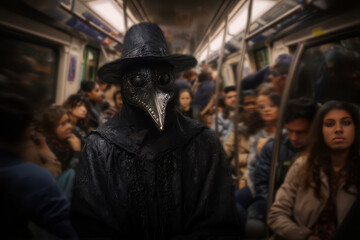 Fototapeta premium Plague doctor sitting on crowded subway train, commuting among oblivious passengers, symbolic pandemic allegory, eerie atmosphere
