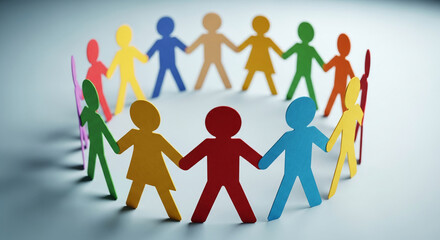 Circle of colorful paper cutouts holding hands, showing unity and connection, representing diversity, cooperation, teamwork, and social inclusion