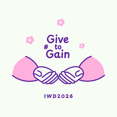 Obraz premium IWD 2026 Give to Gain poster template. Minimalist trendy background International Women's Day. Flat style. Pink violet color.