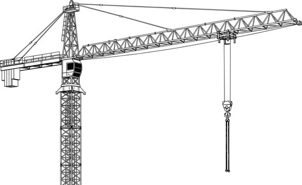 Tower crane line drawing illustration, construction equipment design, lattice mast and jib artwork, heavy lifting machinery icon, black and white composition