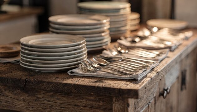 Rustic wood buffet entrance display with layered plates and forks knives arranged perfectly shallow depth of field enhancing natural textures.