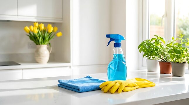 Fresh and clean kitchen counter with cleaning products and bright flowers