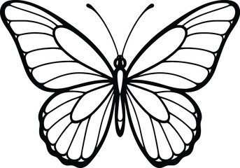 Simple black and white line of a butterfly with symmetrical wings and antennae © Badhyajit